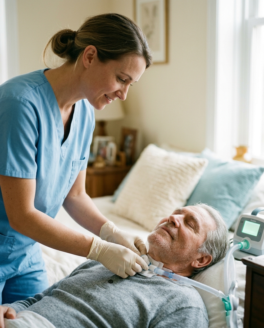 Open Care Intensivpflege – Pflegerin bei der Versorgung am Tracheostoma im häuslichen Umfeld